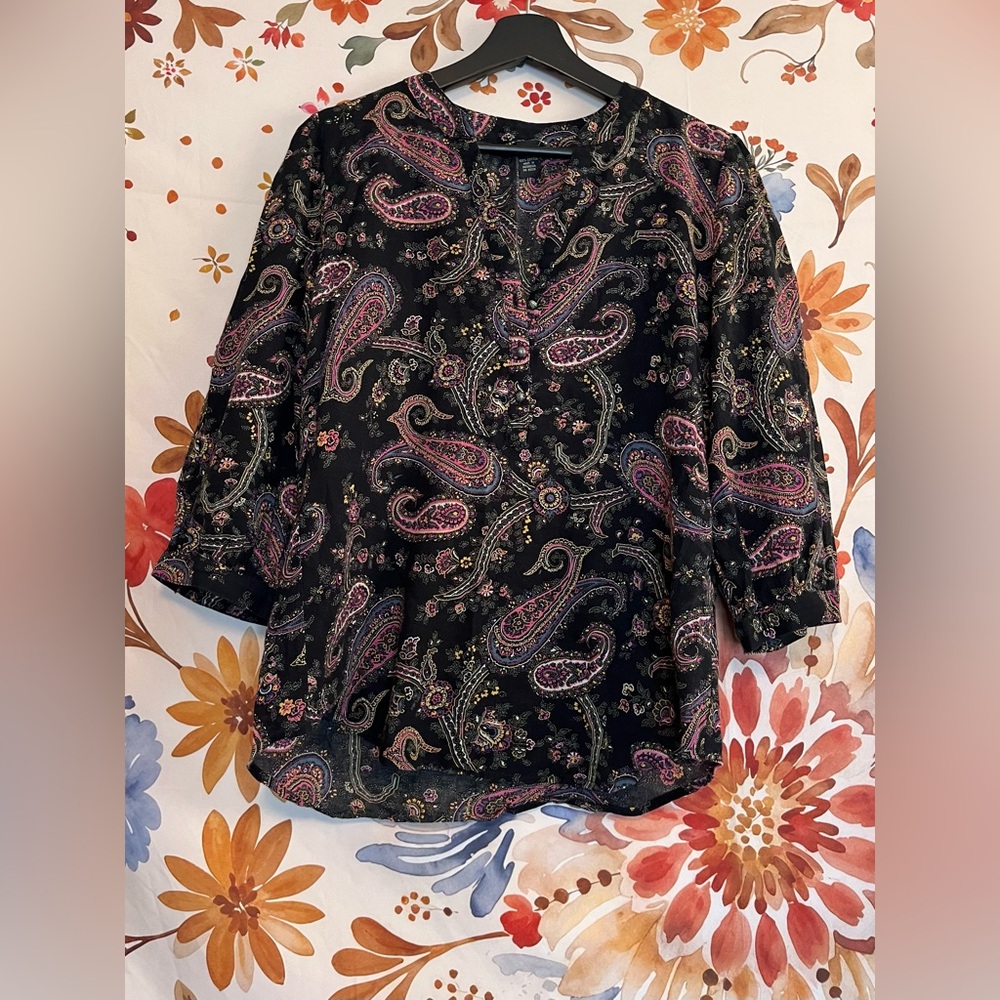 Y2K Lucky Brand Women's Small Black Pink Sheer Paisley Work Casual Office Blouse